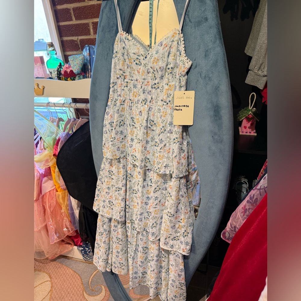 Just Me Light Blue Eyelet Trim Dress